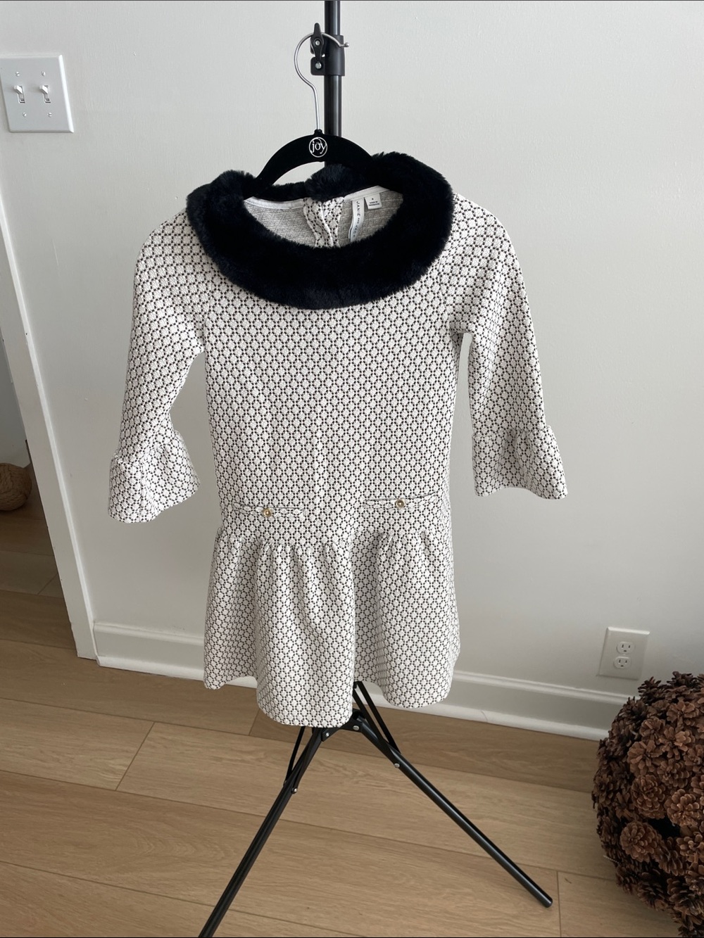 Janie and Jack Black & White Patterned Dress with Faux Fur Collar